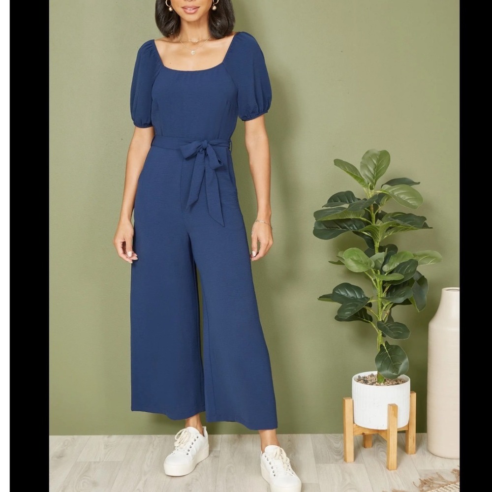 Trixxi Los Angeles | Navy Blue Puff Sleeve Textured Wide‎ Leg Jumpsuit, Size M